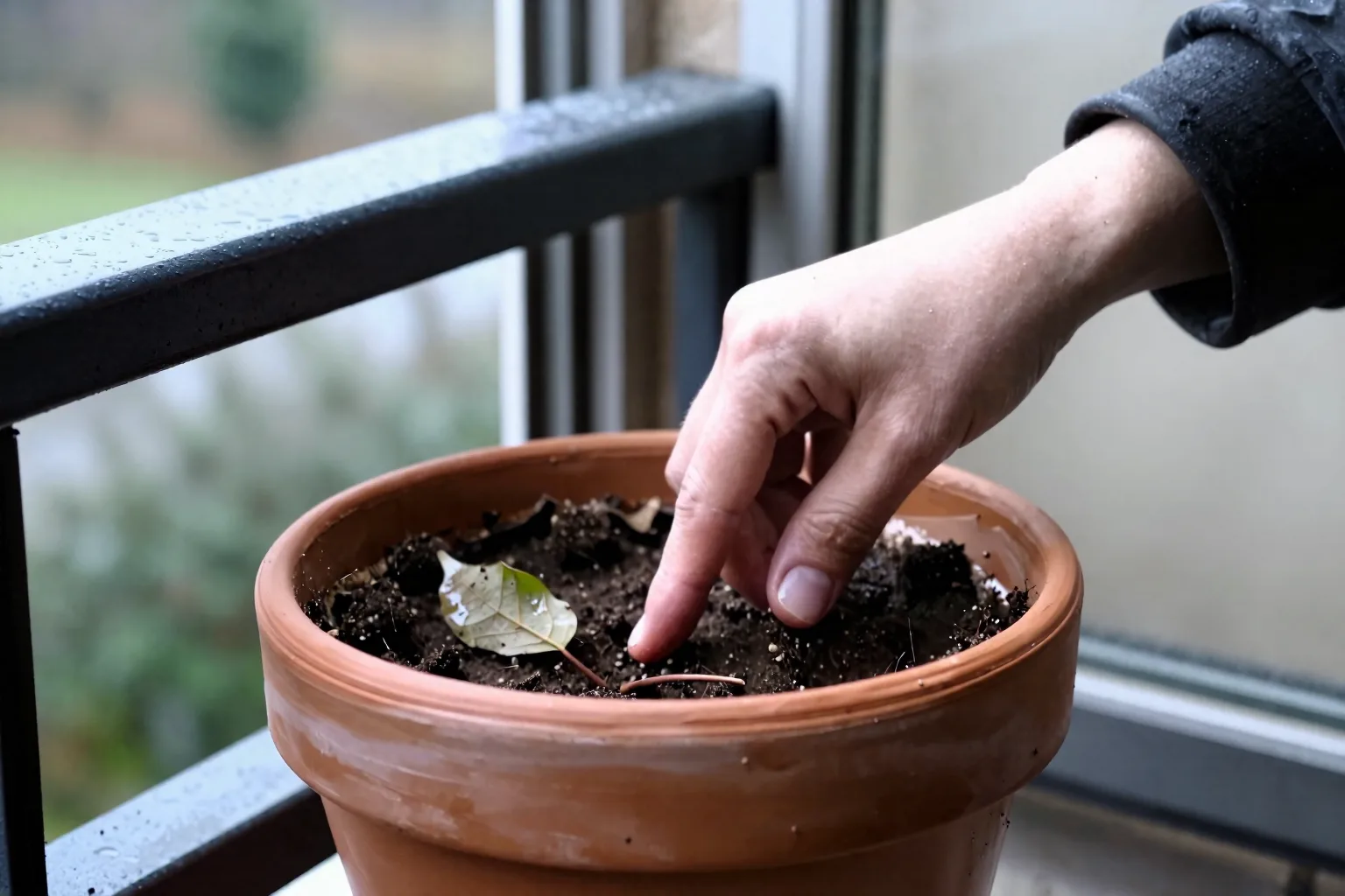 A balcony pot sits beneath an overhang with dry mix after nearby rain.