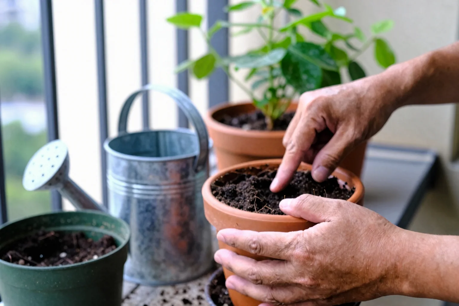 A hand checks damp potting mix beneath a small balcony herb plant.