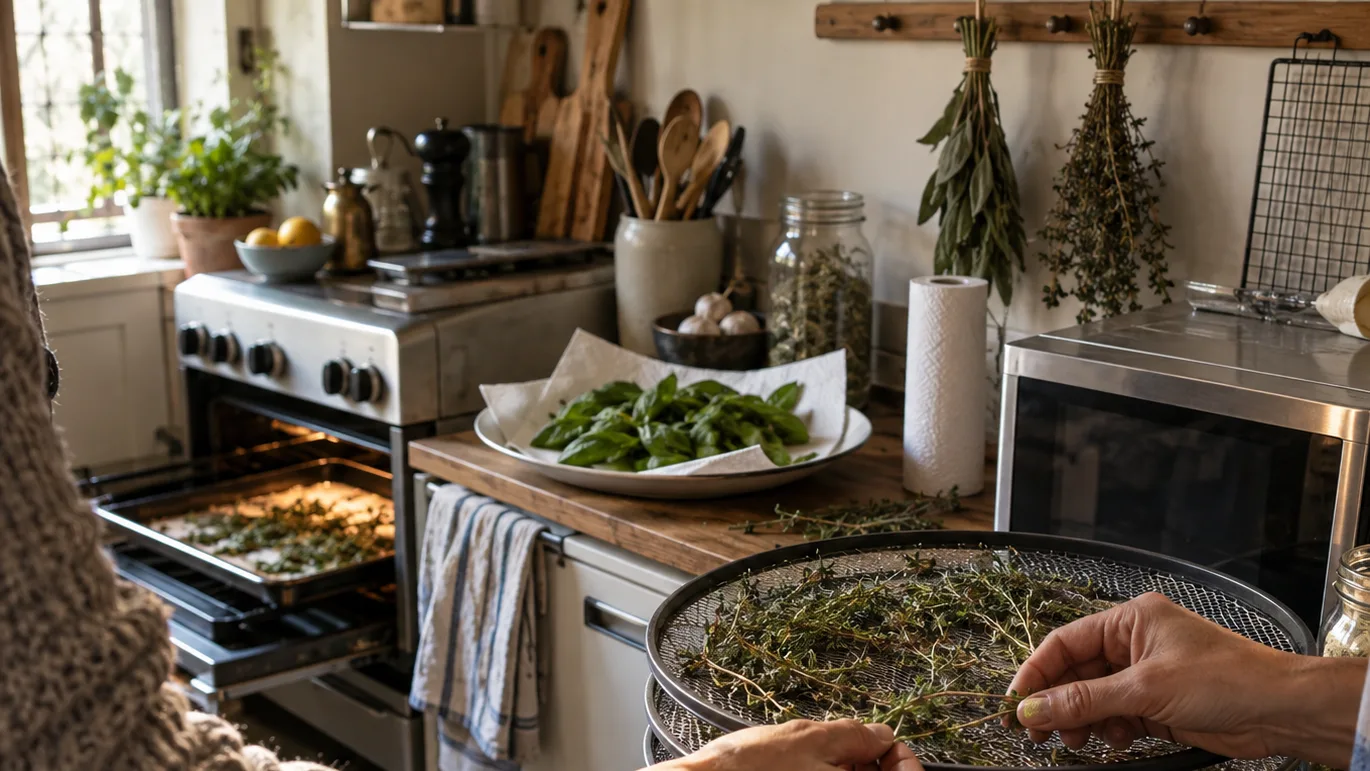 Four herb-drying methods are arranged across a lived-in kitchen counter for easy comparison.