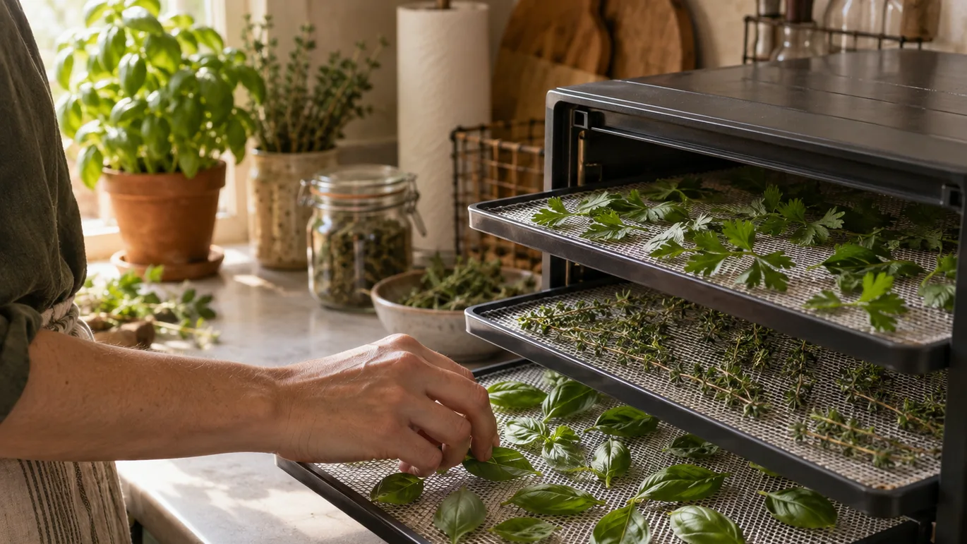 Herb leaves are spaced in a single layer across trays inside a countertop dehydrator.