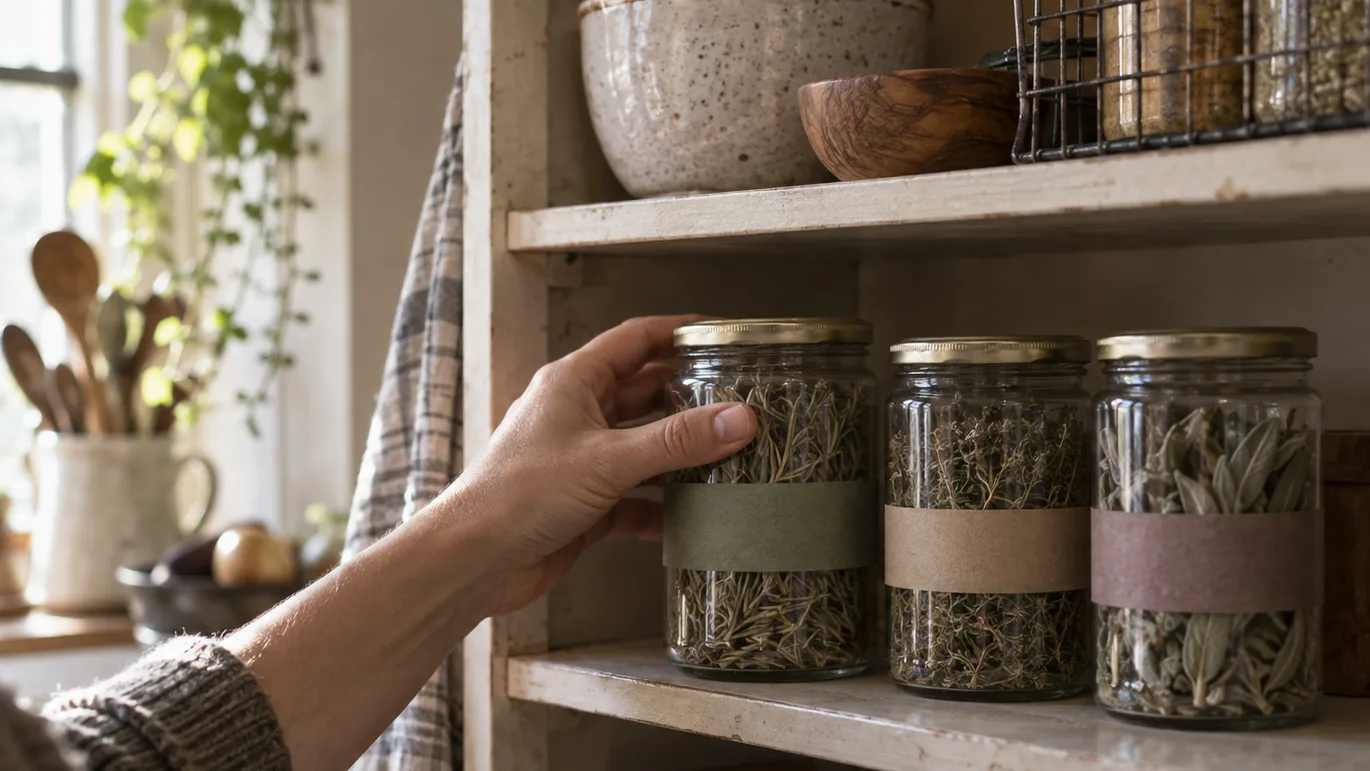 Whole dried herbs sit in labeled glass jars on a shaded shelf away from the stove.
