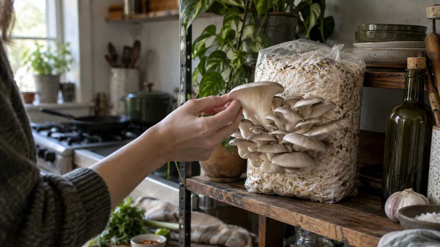 A compact grow bag produces a cluster of oyster mushrooms ready for a first home harvest.