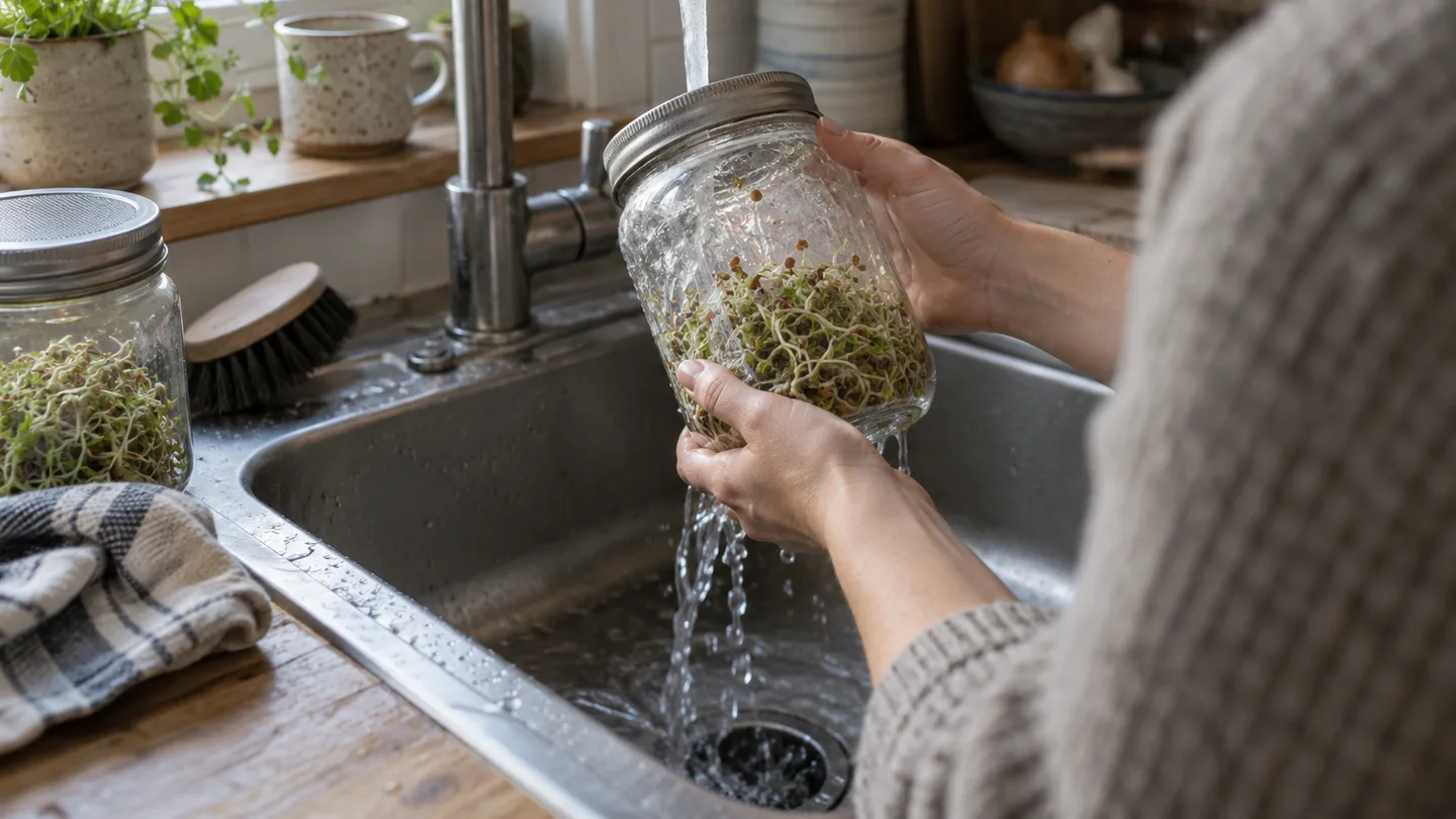 Hands rinse seeds in a small glass jar over the sink, with another jar nearby for a simple home setup.