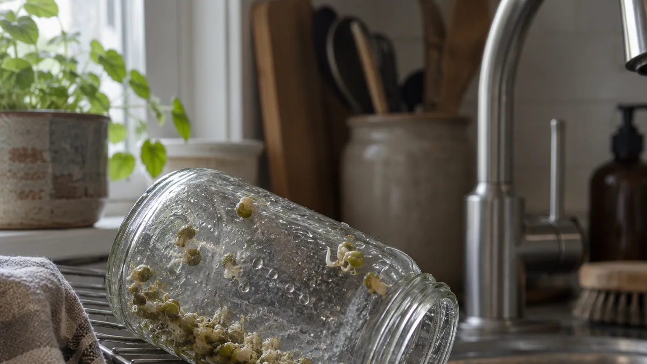 A rinsed sprouting jar rests mouth-down at a slight tilt on a rack so water can drain.