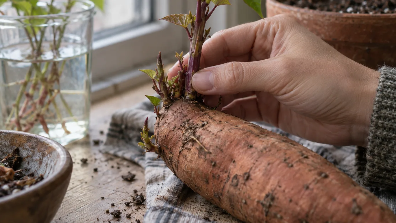 A hand steadies a leafy sweet potato shoot beside water and a pot of soil, showing its sturdy base before separation.