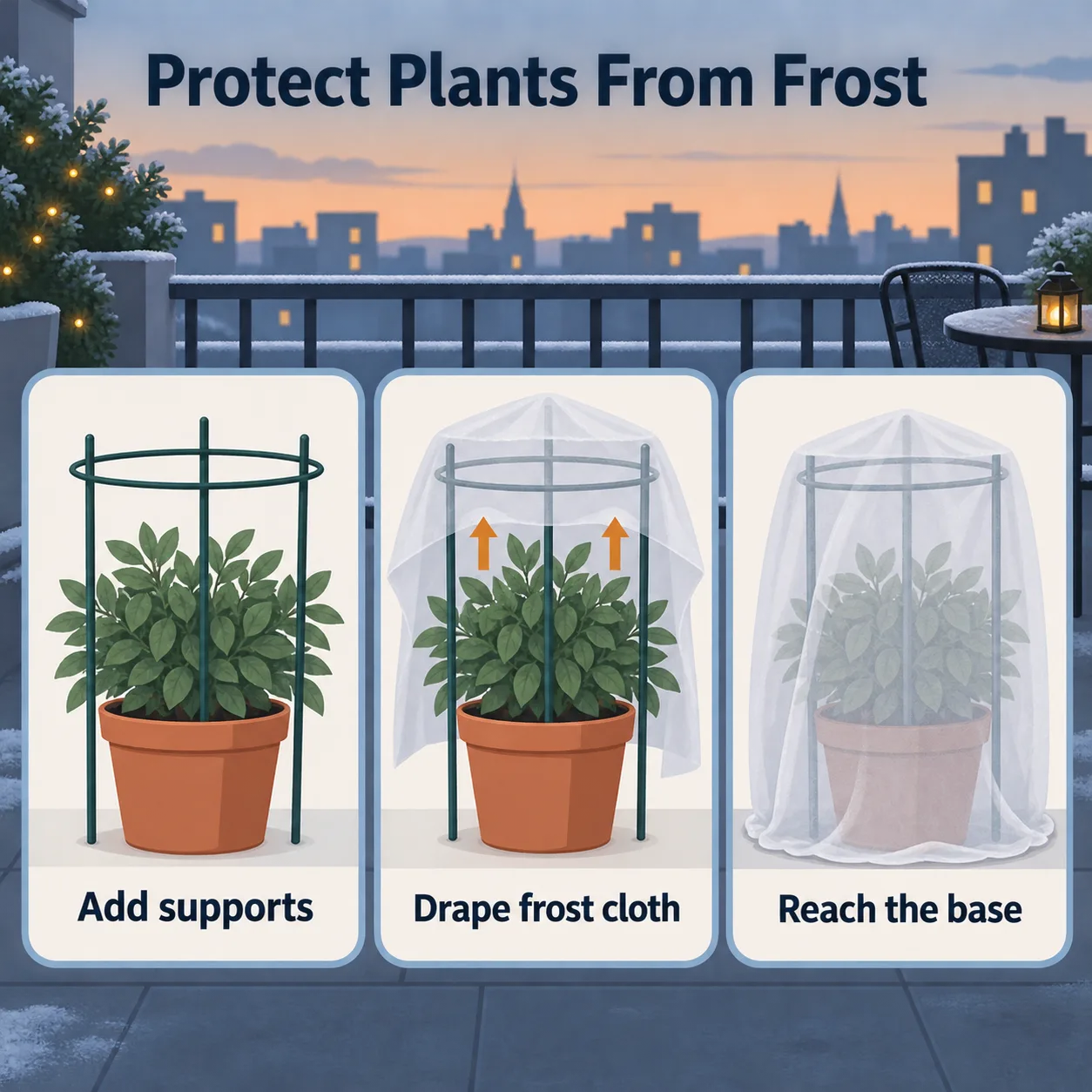 Three diagrams show supports holding frost cloth clear of a potted plant’s leaves and down to the pot base.