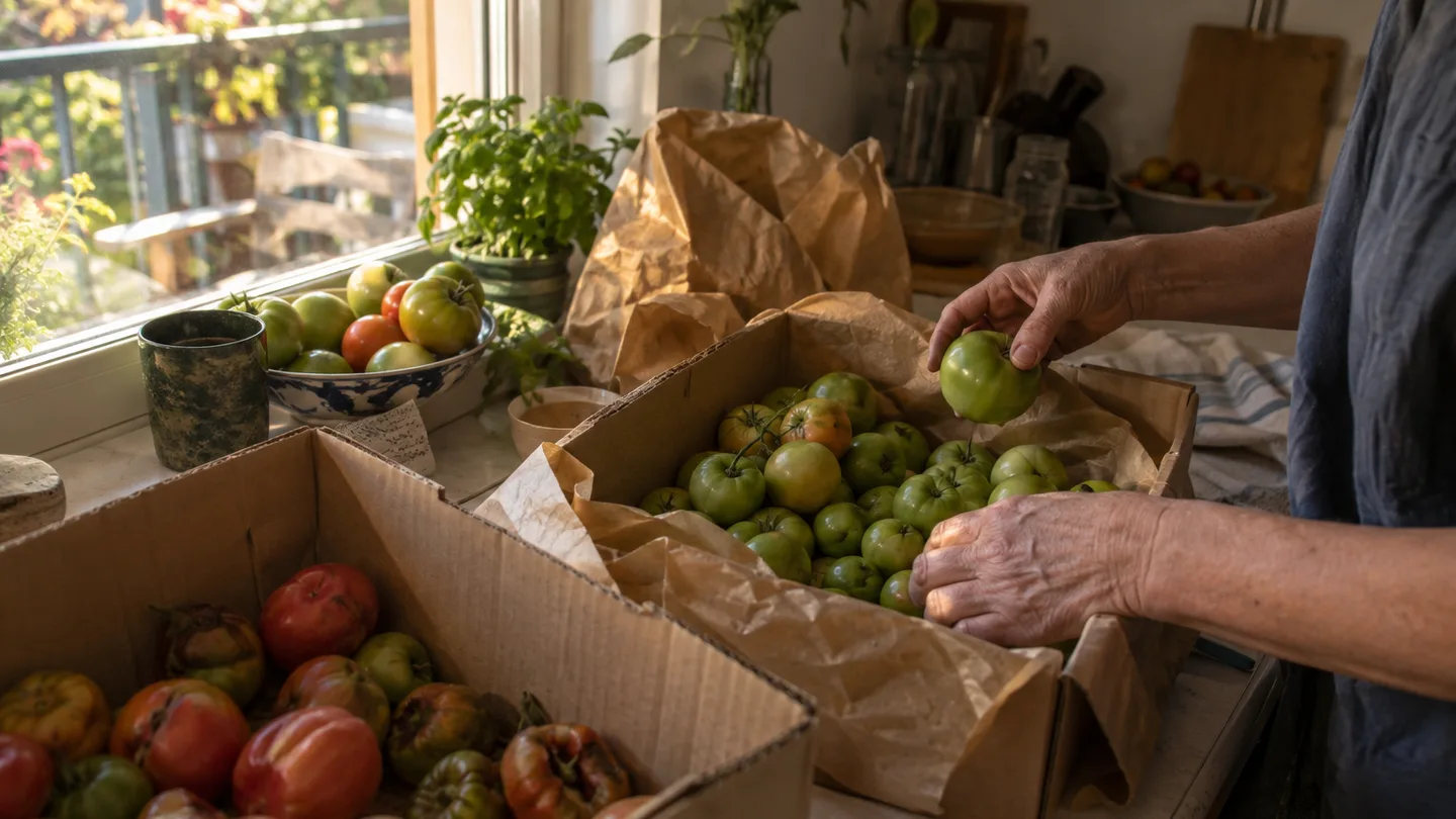 Hands sort firm green tomatoes from bruised fruit after a balcony harvest.