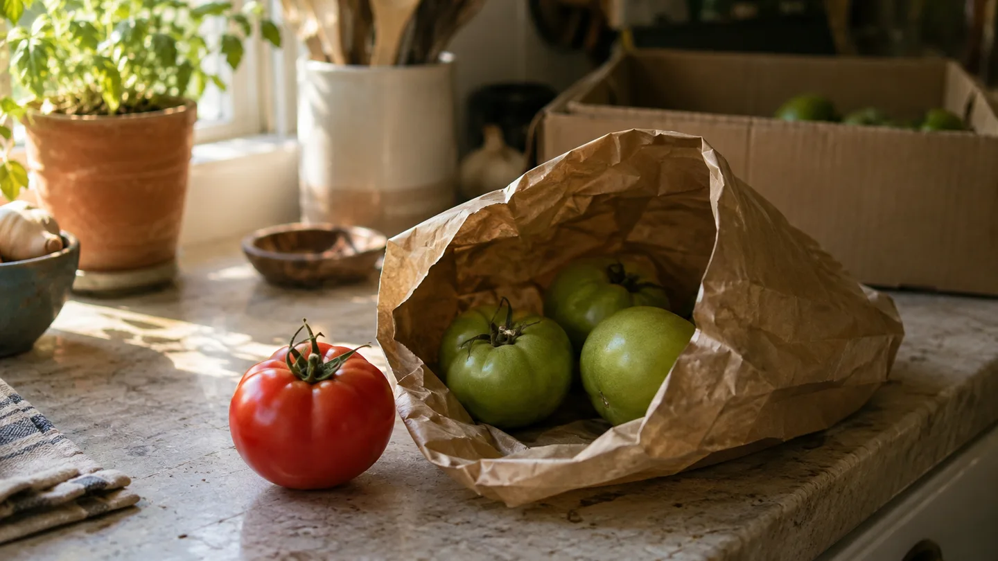 A paper bag holds a few green tomatoes beside one ripe tomato on a kitchen counter, showing a simple indoor setup.