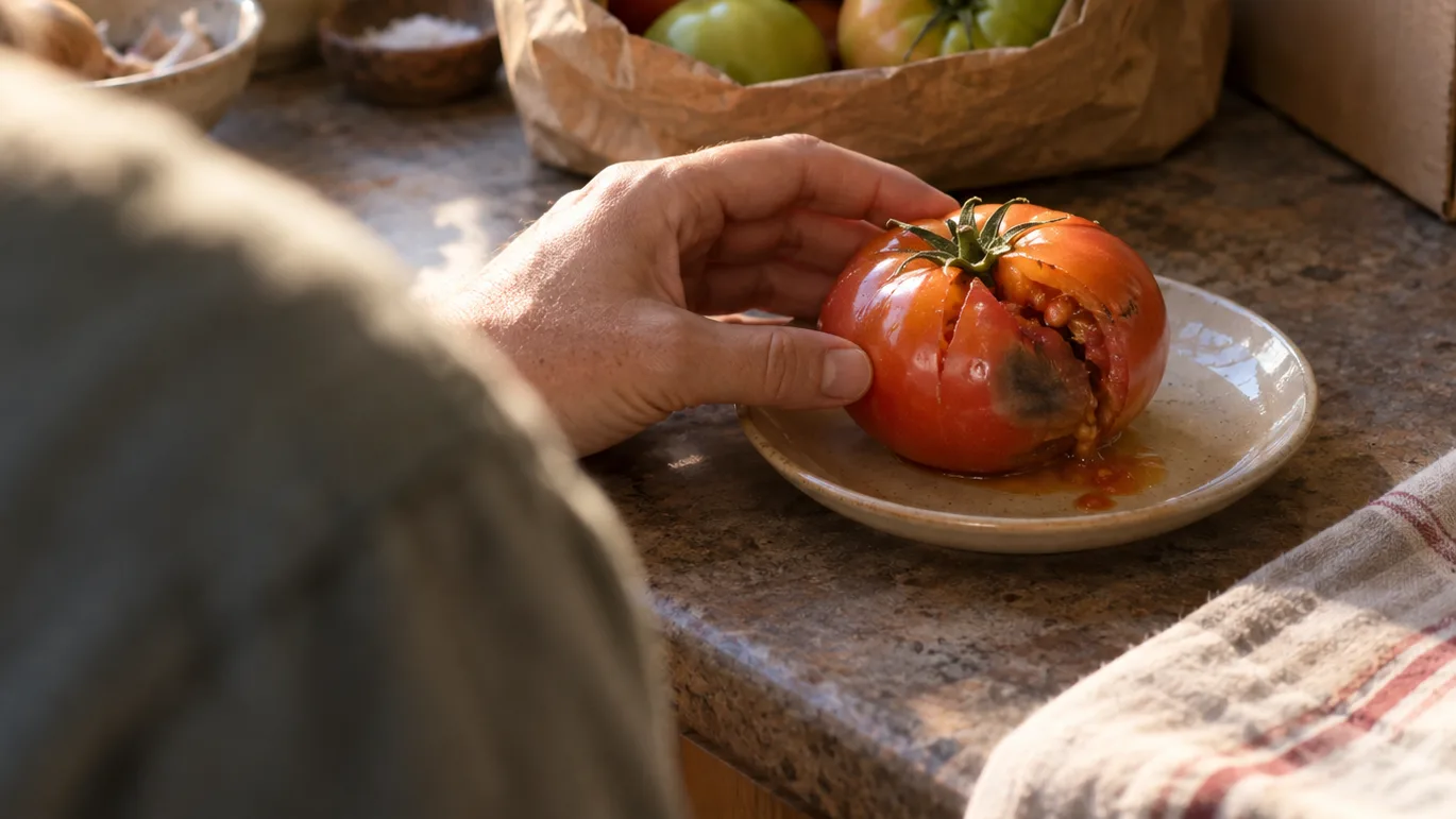 A leaking split tomato sits apart from healthy green tomatoes on a kitchen counter for inspection.