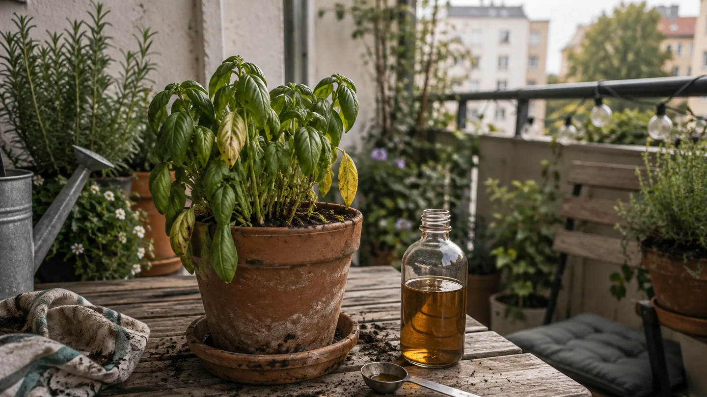 A drooping potted herb sits beside a measuring spoon and clear bottle, suggesting careful rather than routine treatment.