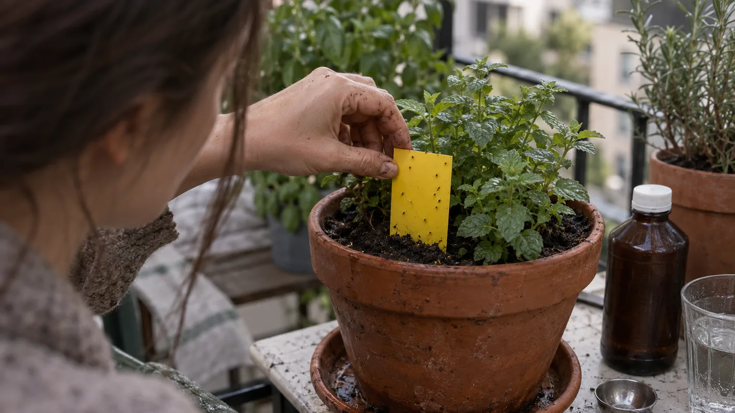 A hand places a yellow sticky trap in damp herb soil beside a peroxide bottle, showing a gentler pest-control option.