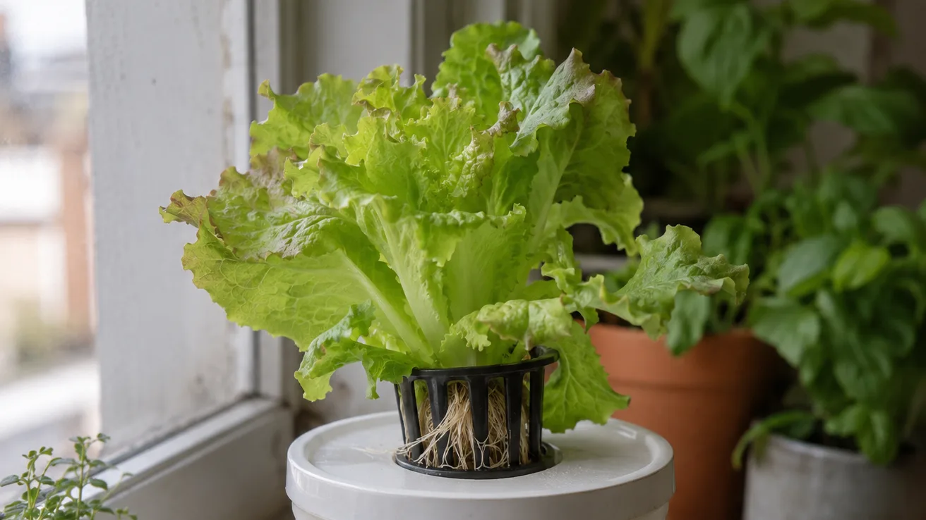 A compact lettuce plant sits in a net pot above a matte white reservoir on an apartment windowsill.