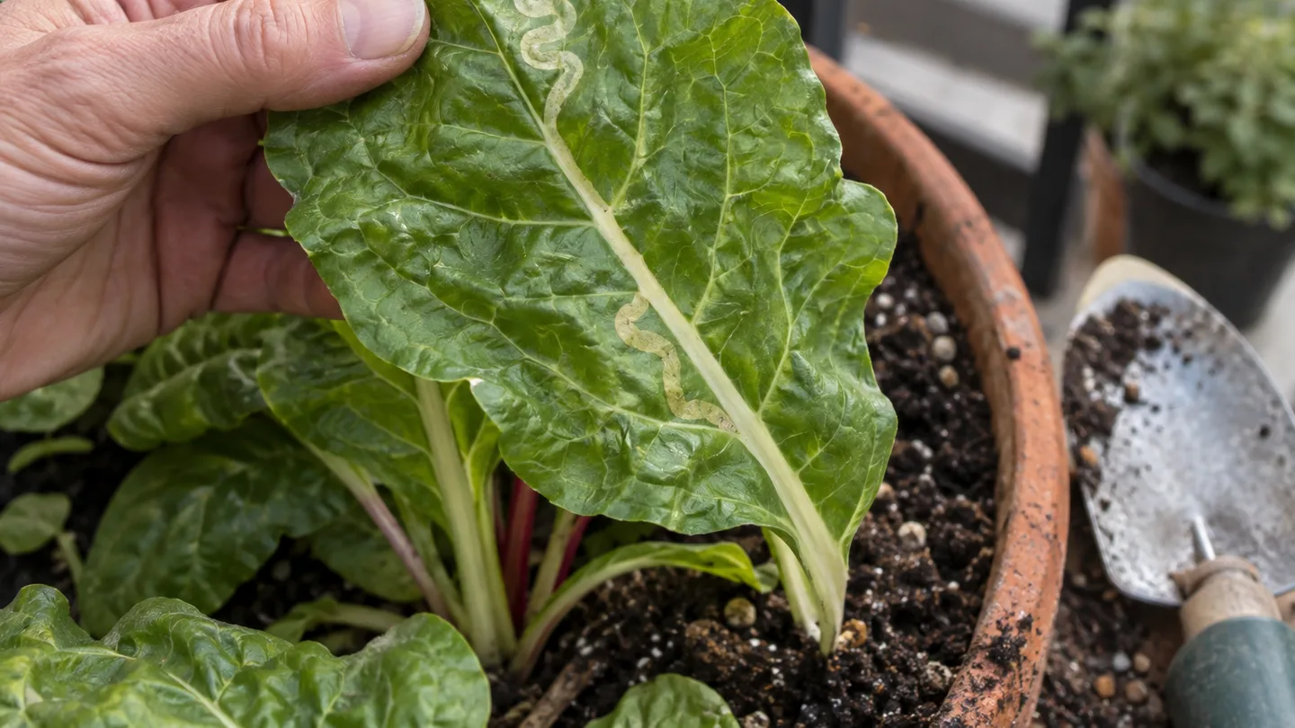 A hand lifts a chard leaf to reveal a winding pale tunnel and its fresh feeding end.