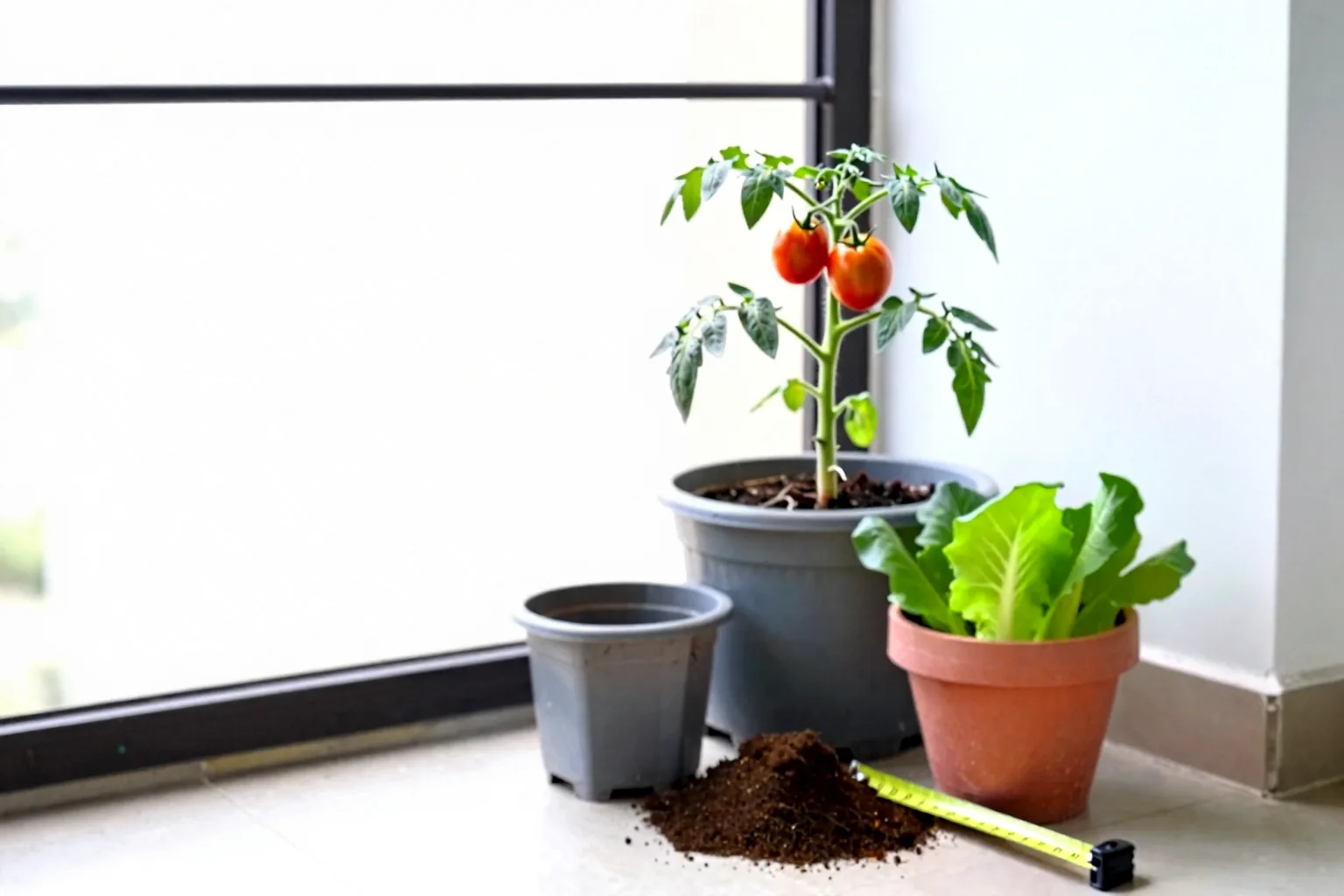 A tomato plant in a large pot stands beside smaller containers, showing their different space needs.