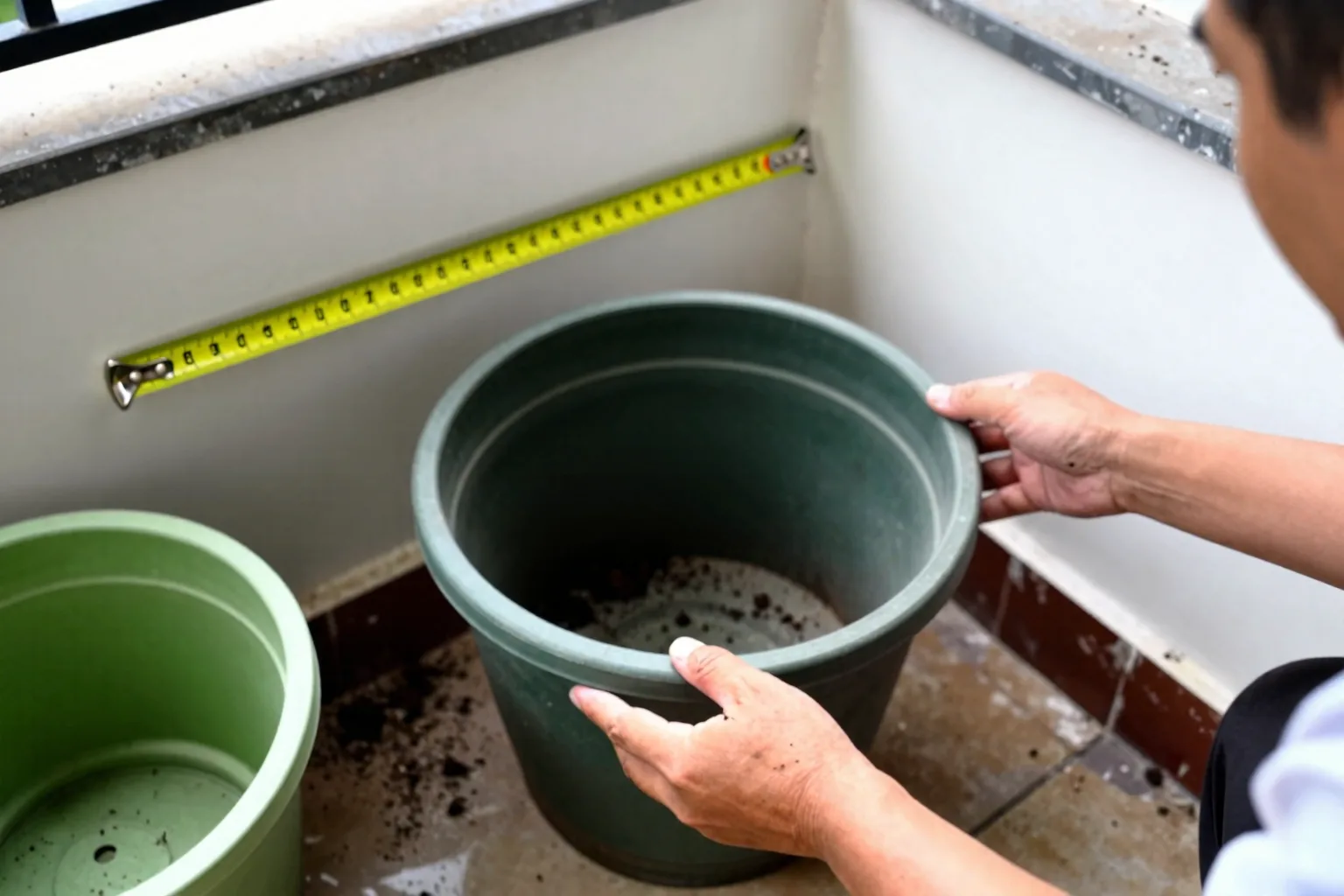 A ruler measures the inside depth of a tapered plant pot.