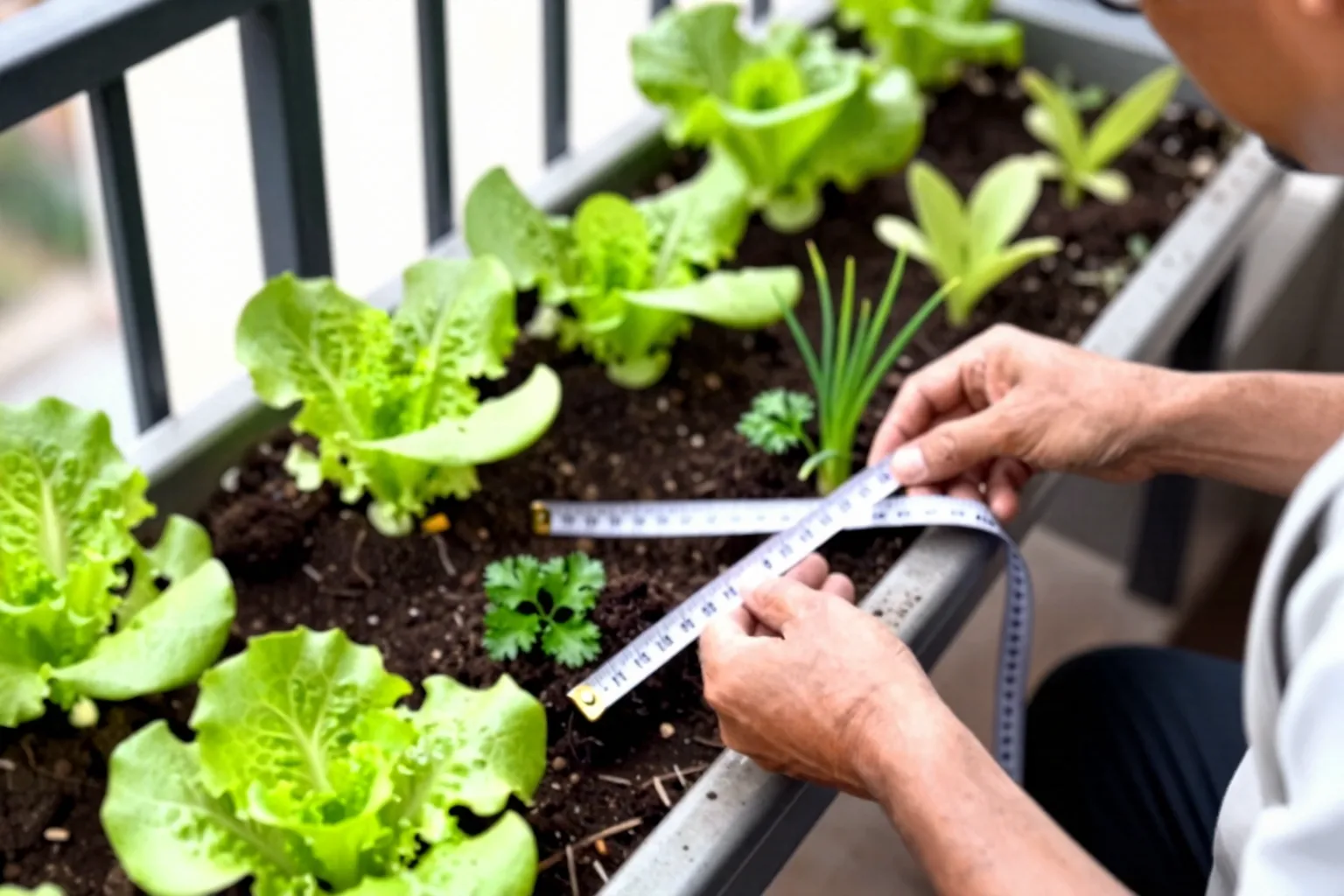 Lettuce, radishes and beans share a rectangular trough with space between plants.