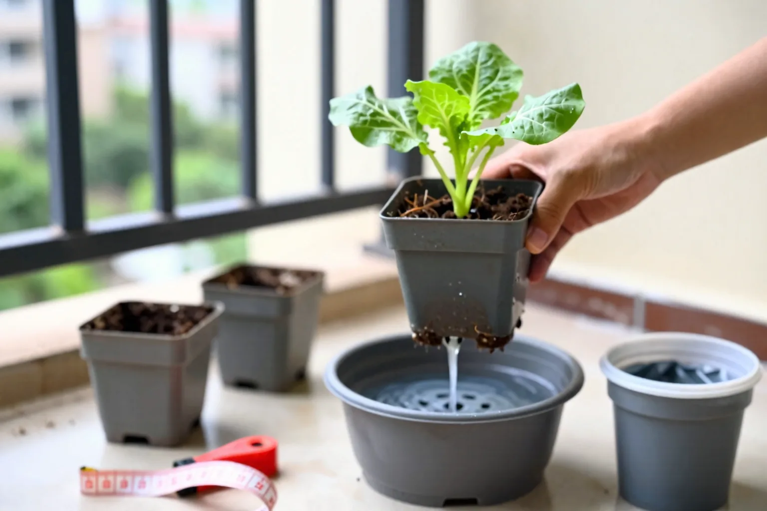 Clear water exits a pot's drainage holes into a tray.