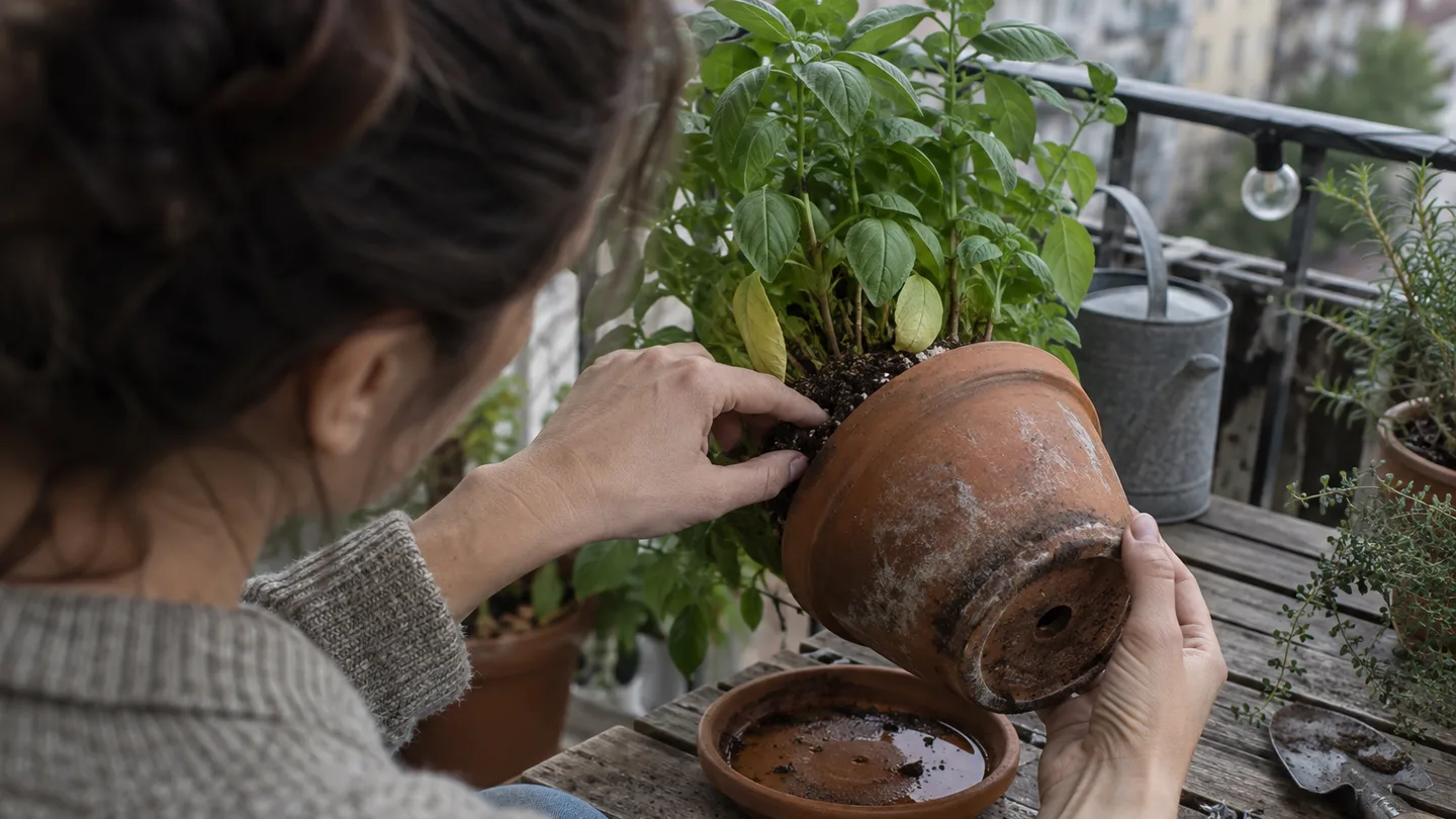 A gardener checks soil moisture and a pot’s drainage hole before feeding a plant with pale leaves.