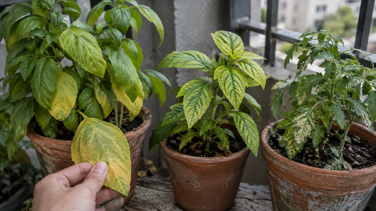 Several balcony plants show distinct leaf-yellowing patterns for comparing likely causes.