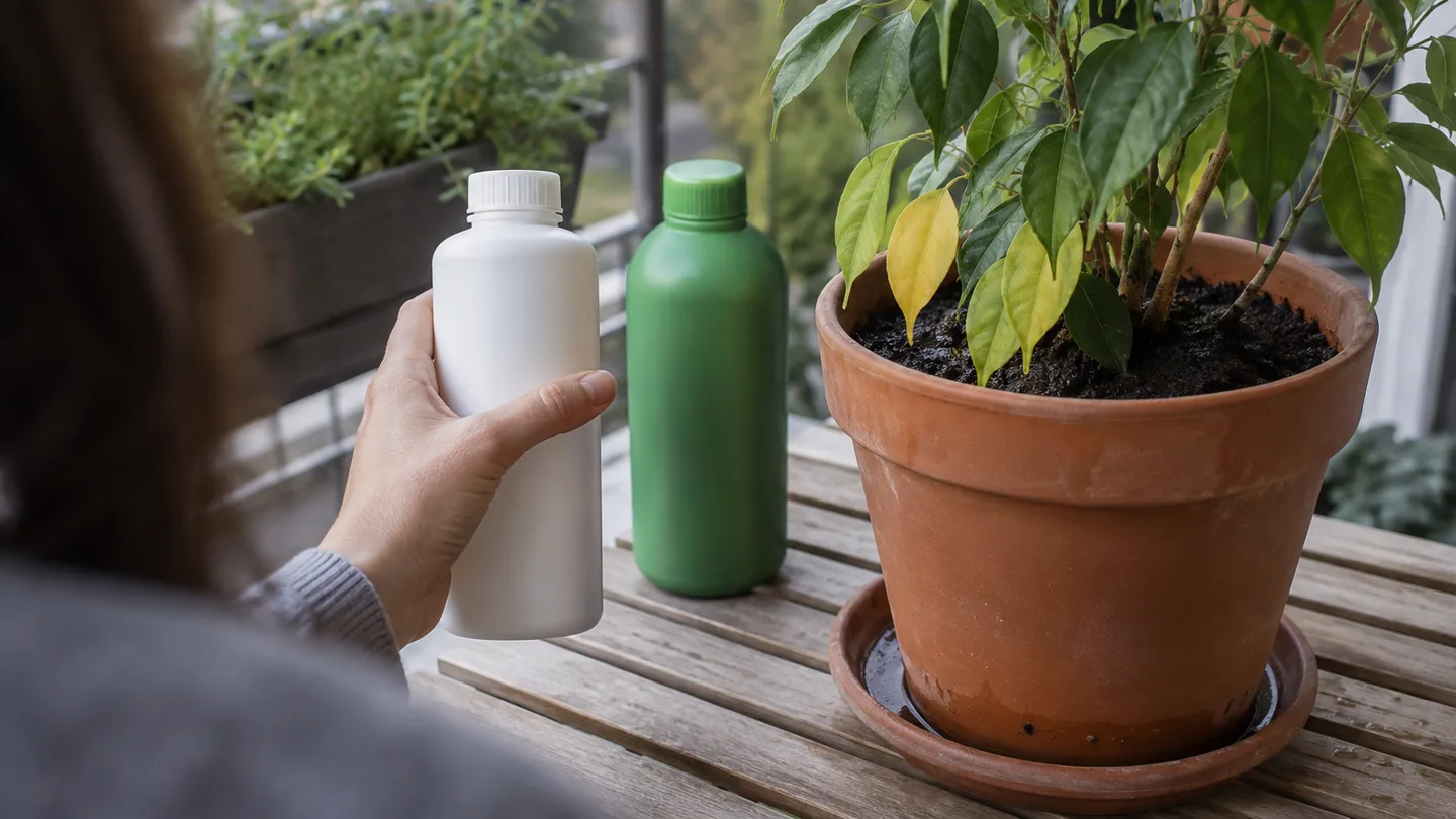 A hand selects a plain fertilizer container beside a well-watered pot with open drainage holes and a little runoff.