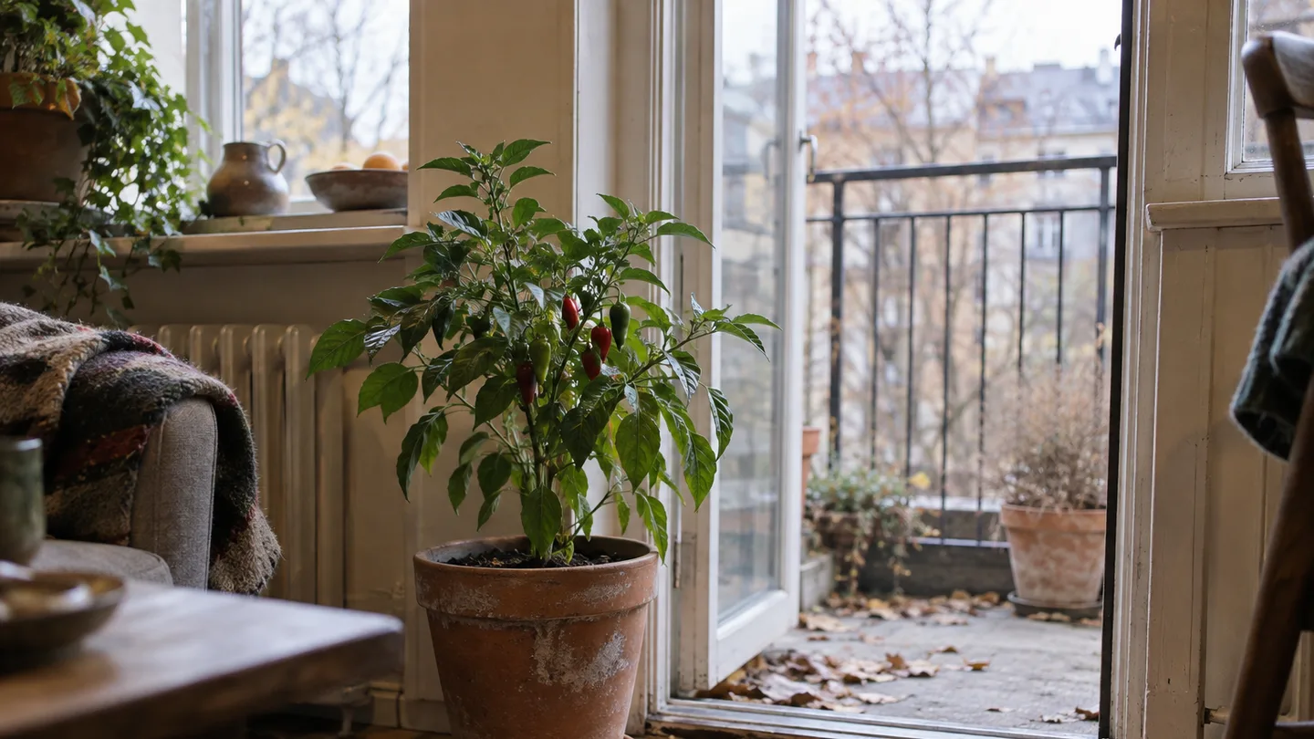 A compact pepper plant in a terracotta pot waits by an open balcony door before cold nights arrive.