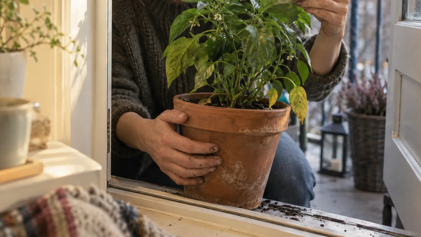 Hands inspect the leaves as a potted plant is moved from a chilly balcony toward a warm windowsill.
