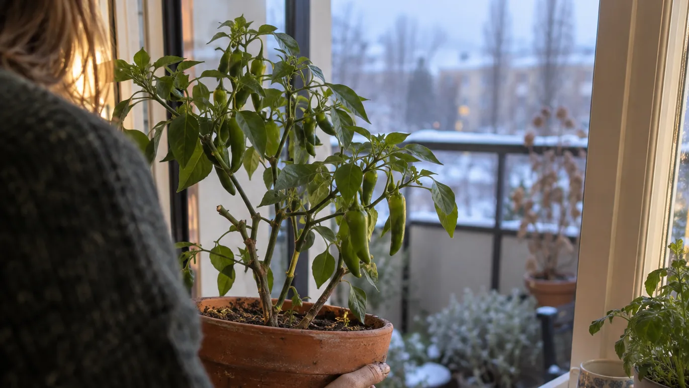 A lightly pruned pepper plant shows healthy nodes and sturdy stems ready to move indoors.