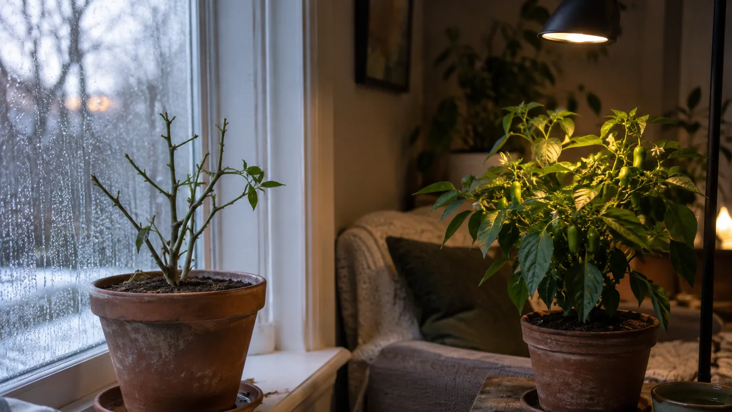 A resting pepper plant sits by a cool window beside a compact plant growing under an indoor light.