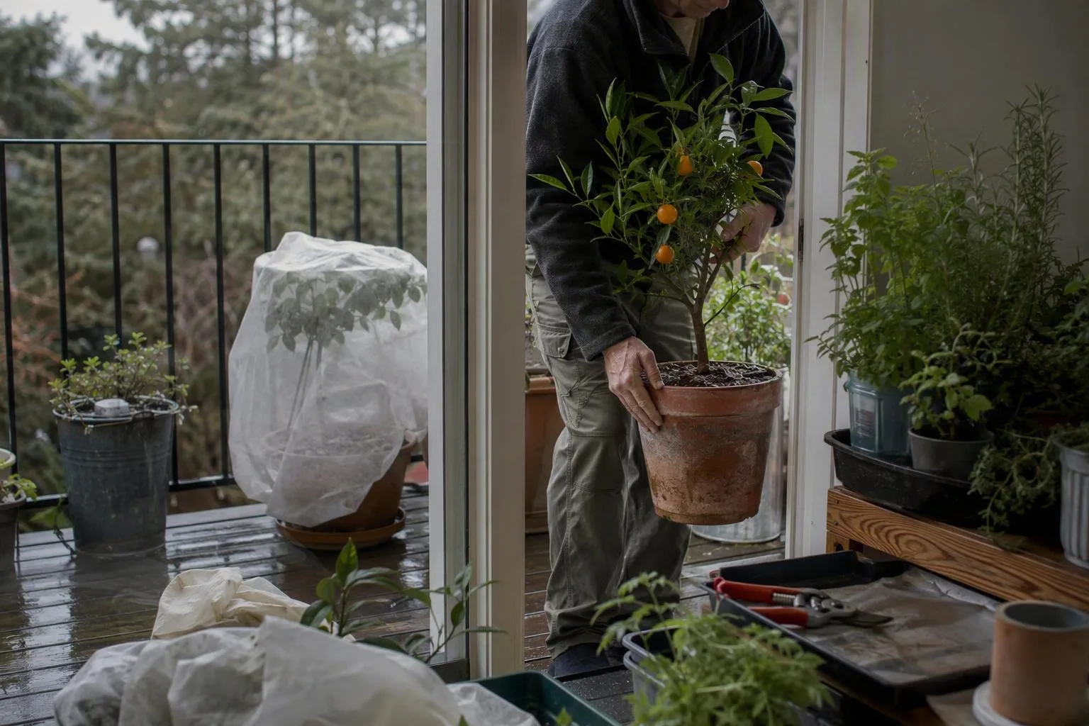 A potted citrus tree is moved from a chilly balcony toward a sheltered indoor spot before frost arrives.
