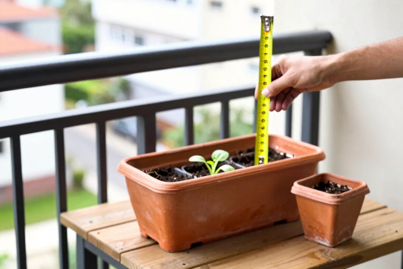 Mixed vegetables grow in a rectangular planter beside a ruler on a balcony.