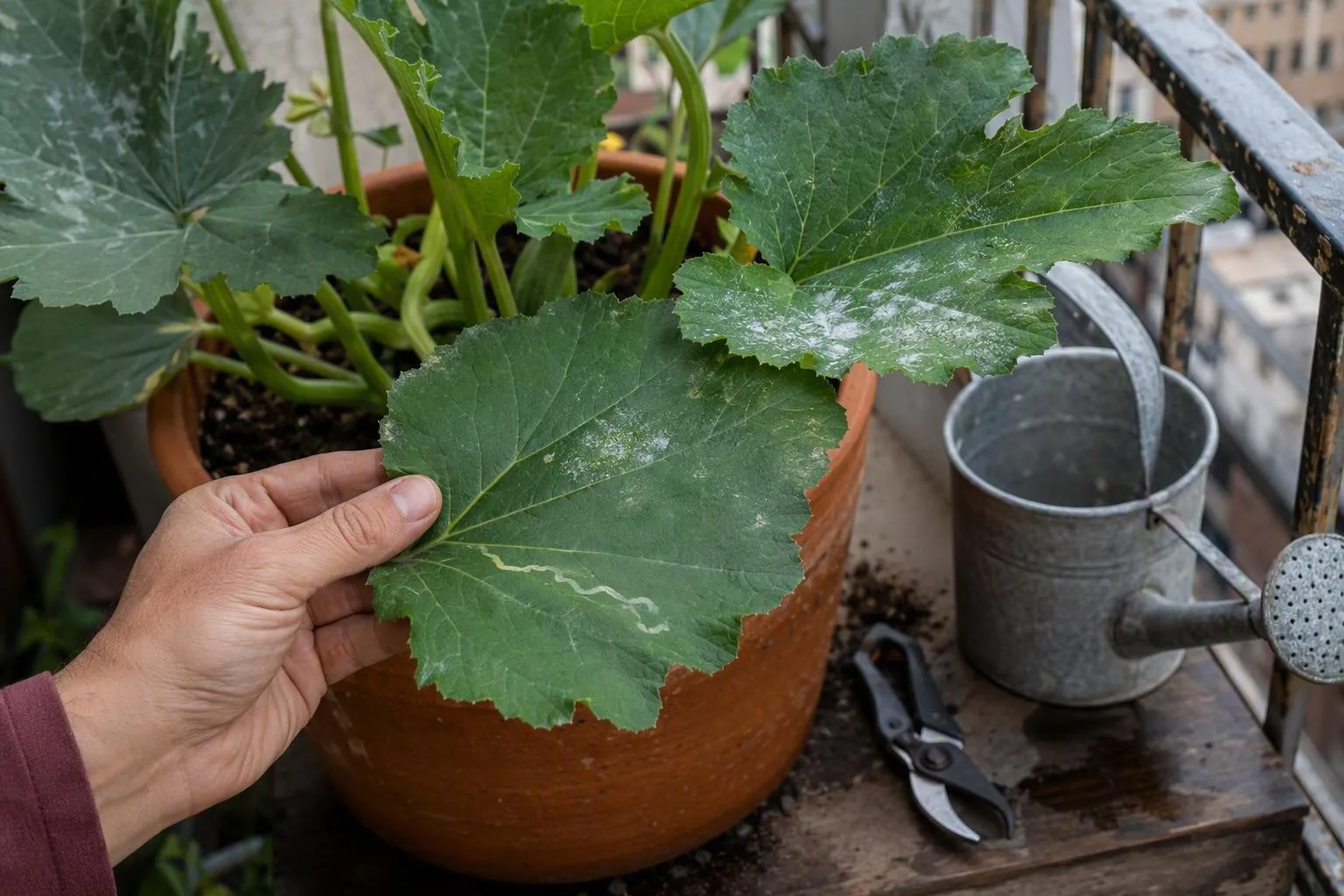 A gardener compares raised white leaf mildew with a flat natural marking on a potted zucchini plant.