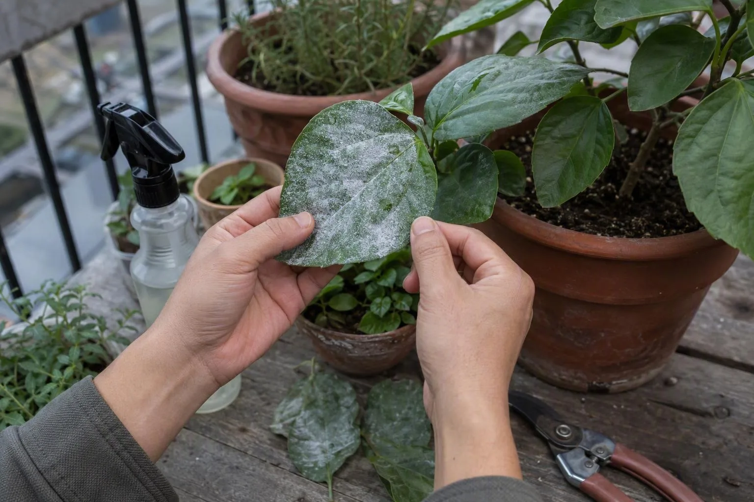Hands compare a white-coated leaf with nearby healthy leaves on a balcony to identify mildew.