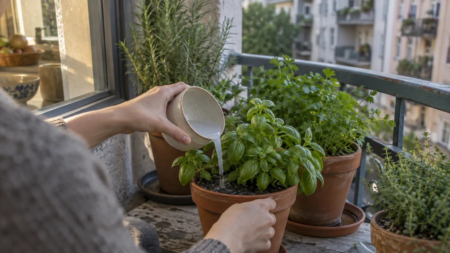 A gardener pours cloudy water into a terracotta herb pot beside healthy containers, showing a gentle plant drench.