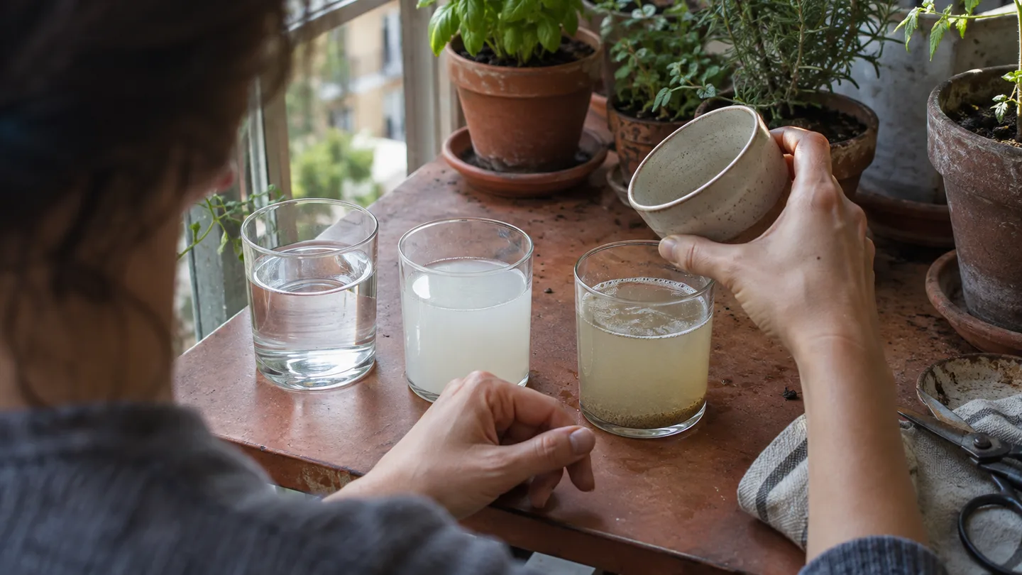 Three plain vessels compare clear rinse water, cloudy cooking water, and a stale batch beside potted herbs.