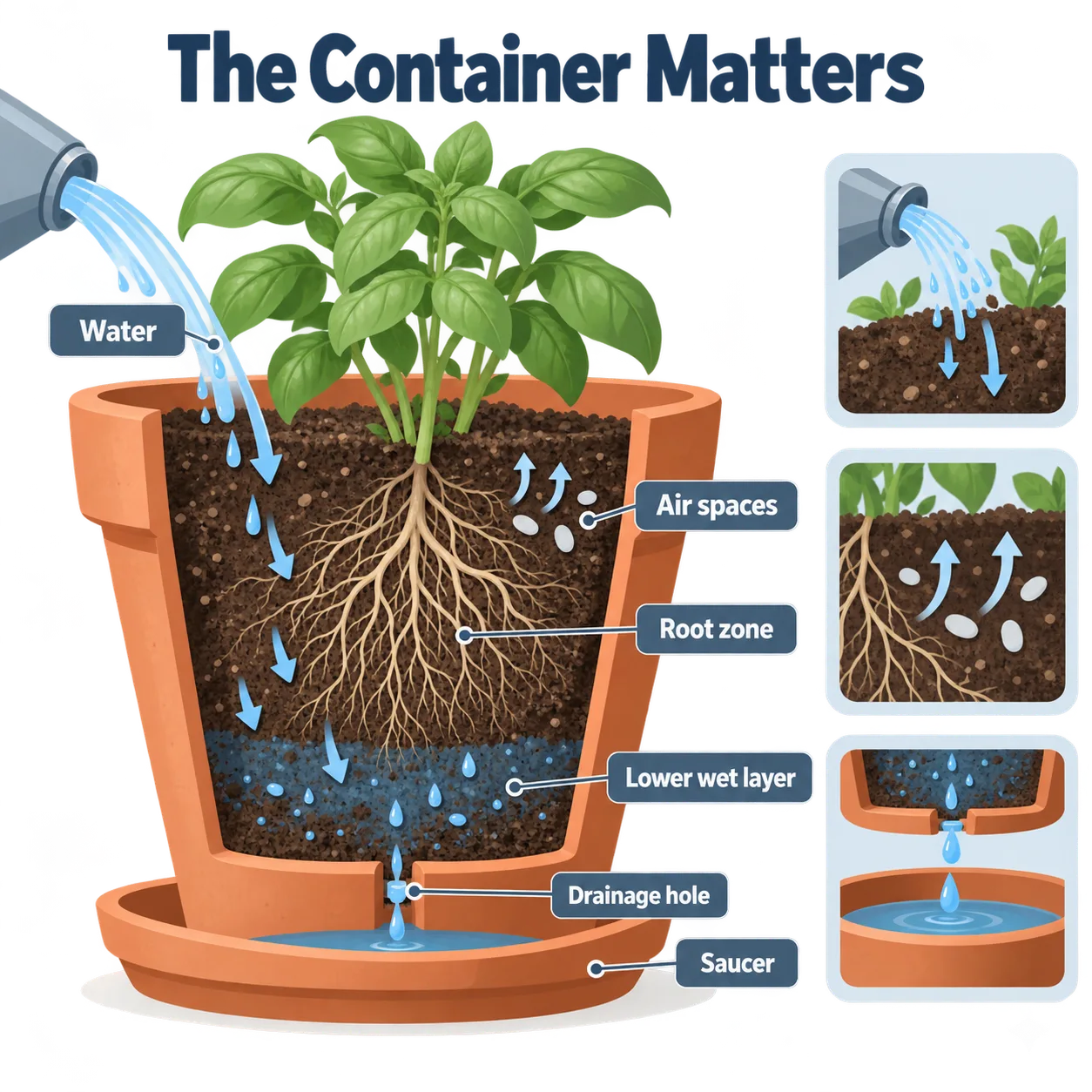 A cutaway pot shows water, air spaces, drainage, and a saucer working together to protect plant roots.
