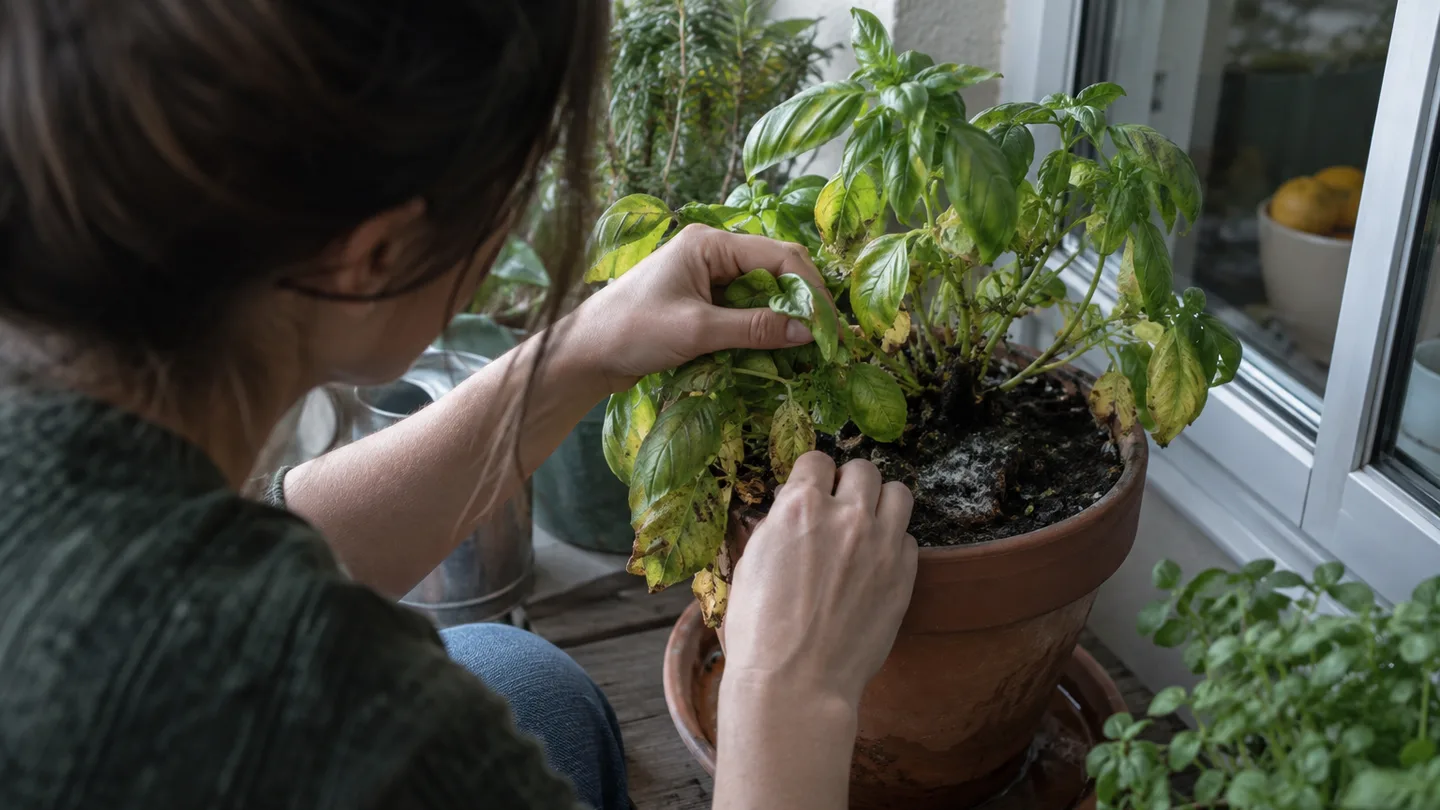 A gardener checks yellowing herb leaves above wet soil and tiny gnats, revealing excess moisture.