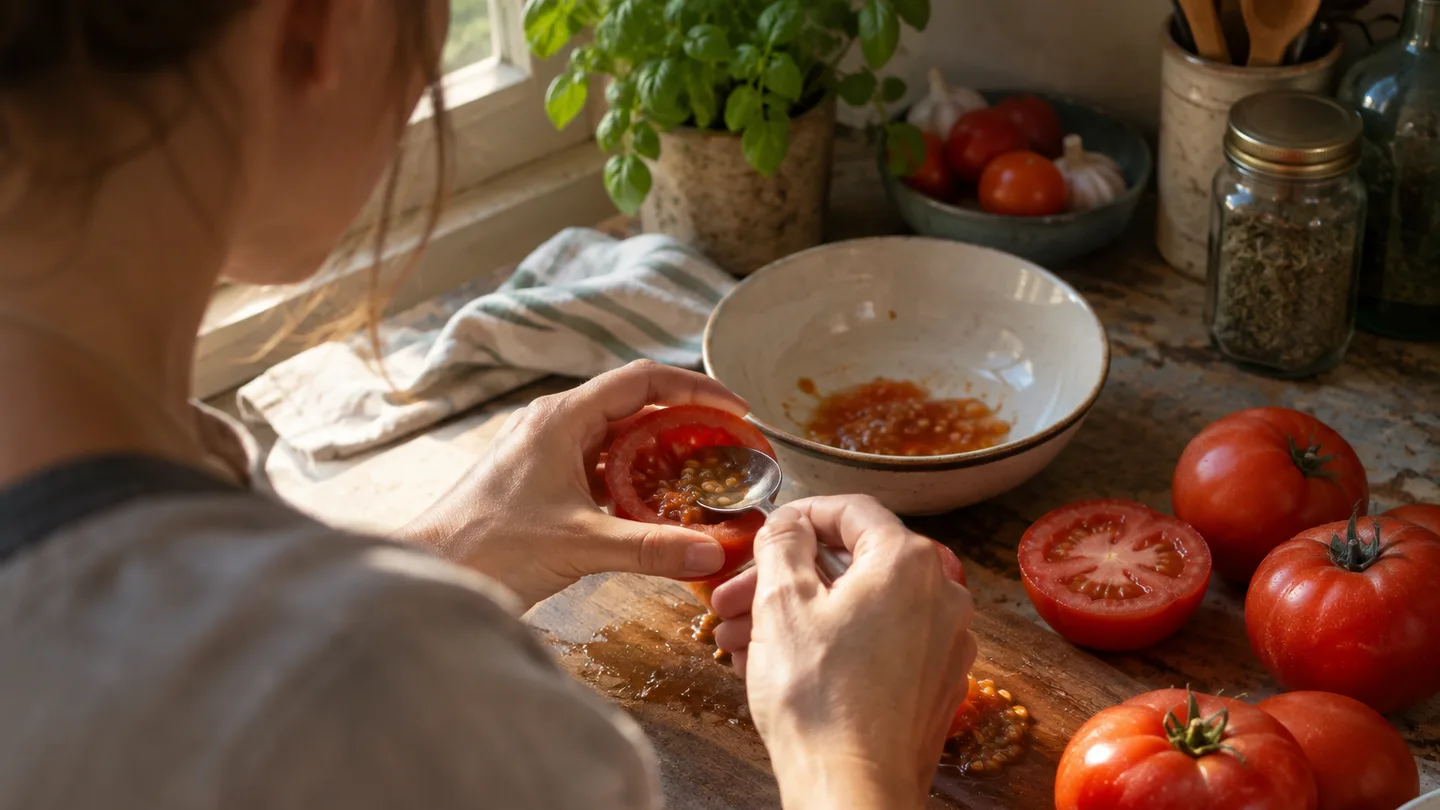 Hands select gel-coated seeds from ripe tomatoes beside jars on a kitchen counter for later planting.