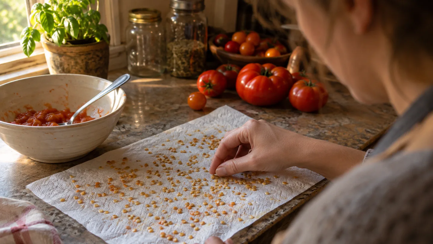 Rinsed tomato seeds lie spaced apart on a paper towel so their dryness is easy to check.
