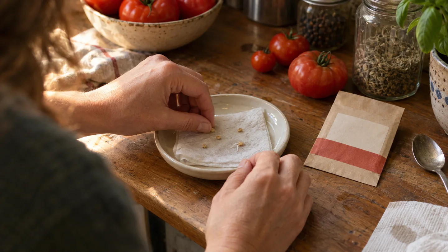 A few tomato seeds rest on damp paper towel beside a small marked packet for a quick sprouting check.