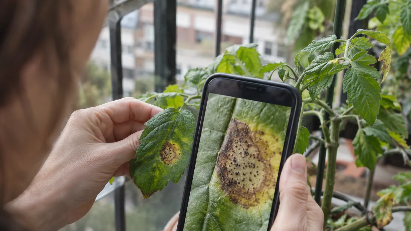 A phone magnifies a tomato leaf spot, revealing its pale centre and tiny dark specks for diagnosis.