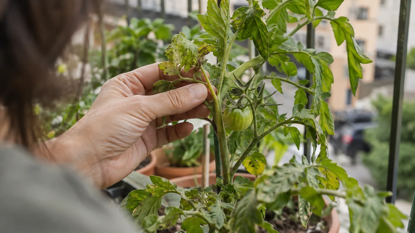 A hand checks a tomato stem and green fruit beside spotted leaves for additional signs of plant disease.