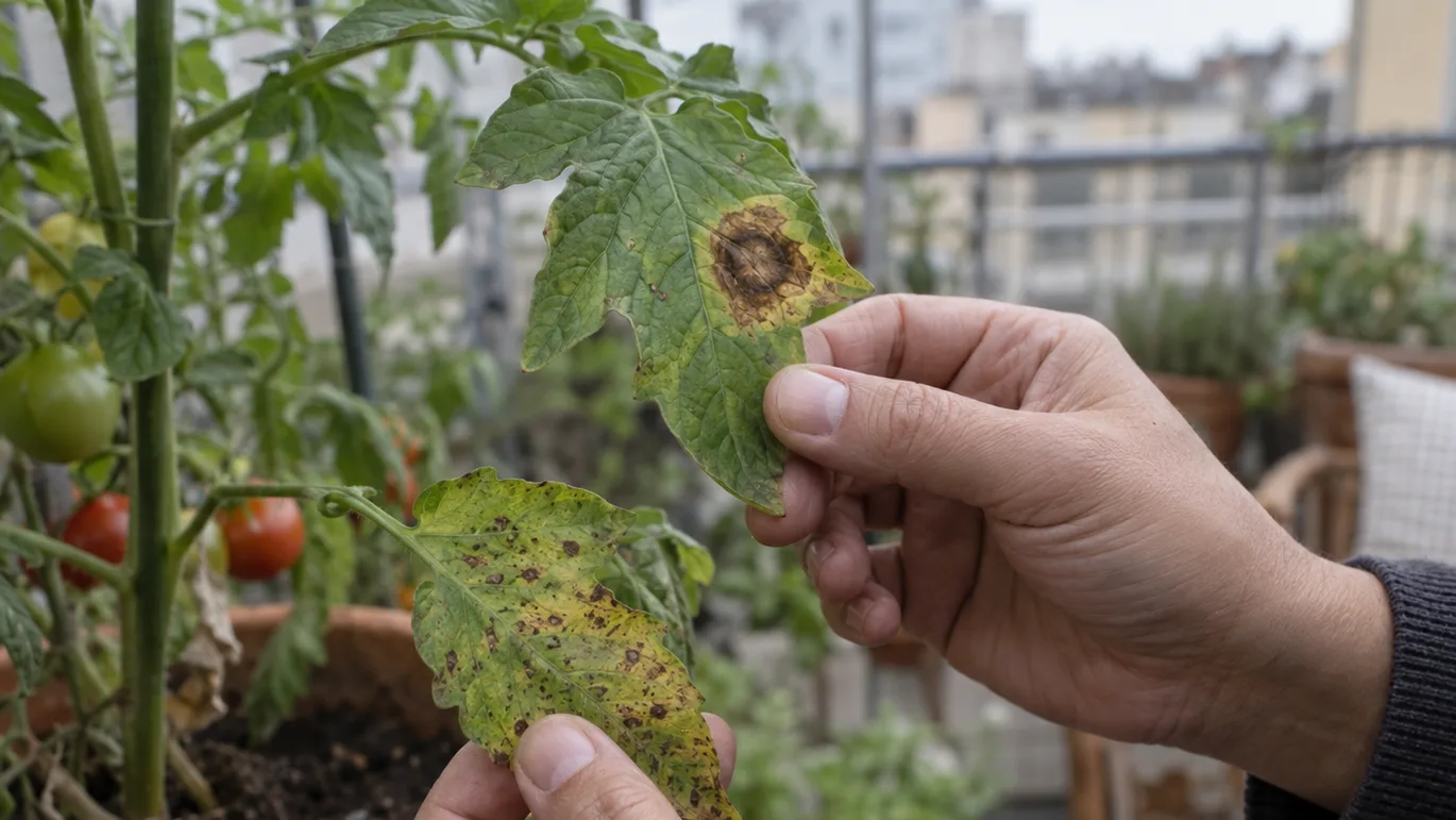 A gardener compares spotted tomato leaves from the upper and lower parts of a potted plant before pruning.