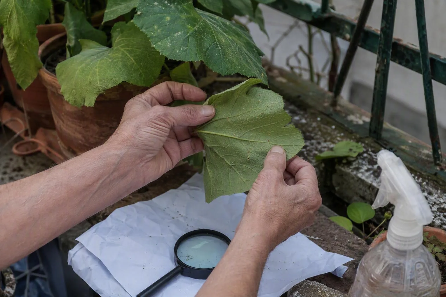 A hand turns over a plant leaf above white paper to spot tiny moving mites on a balcony.