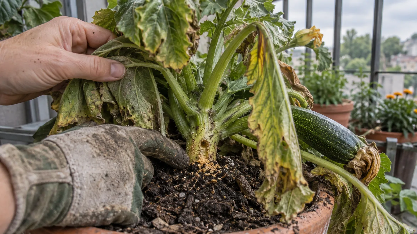 A hand examines the damaged base of a wilted zucchini plant in a patio pot.
