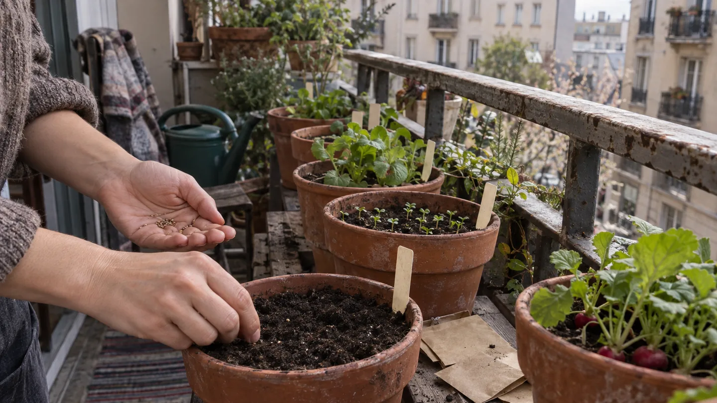 Hands sow seeds in separate balcony pots of radishes and baby greens at different growth stages.