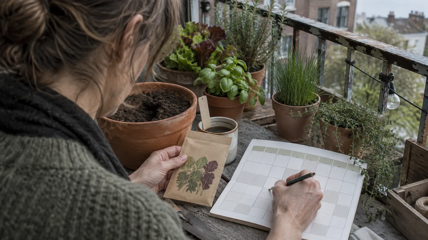 A gardener checks a seed packet beside a simple calendar while planning the next pot sowing.