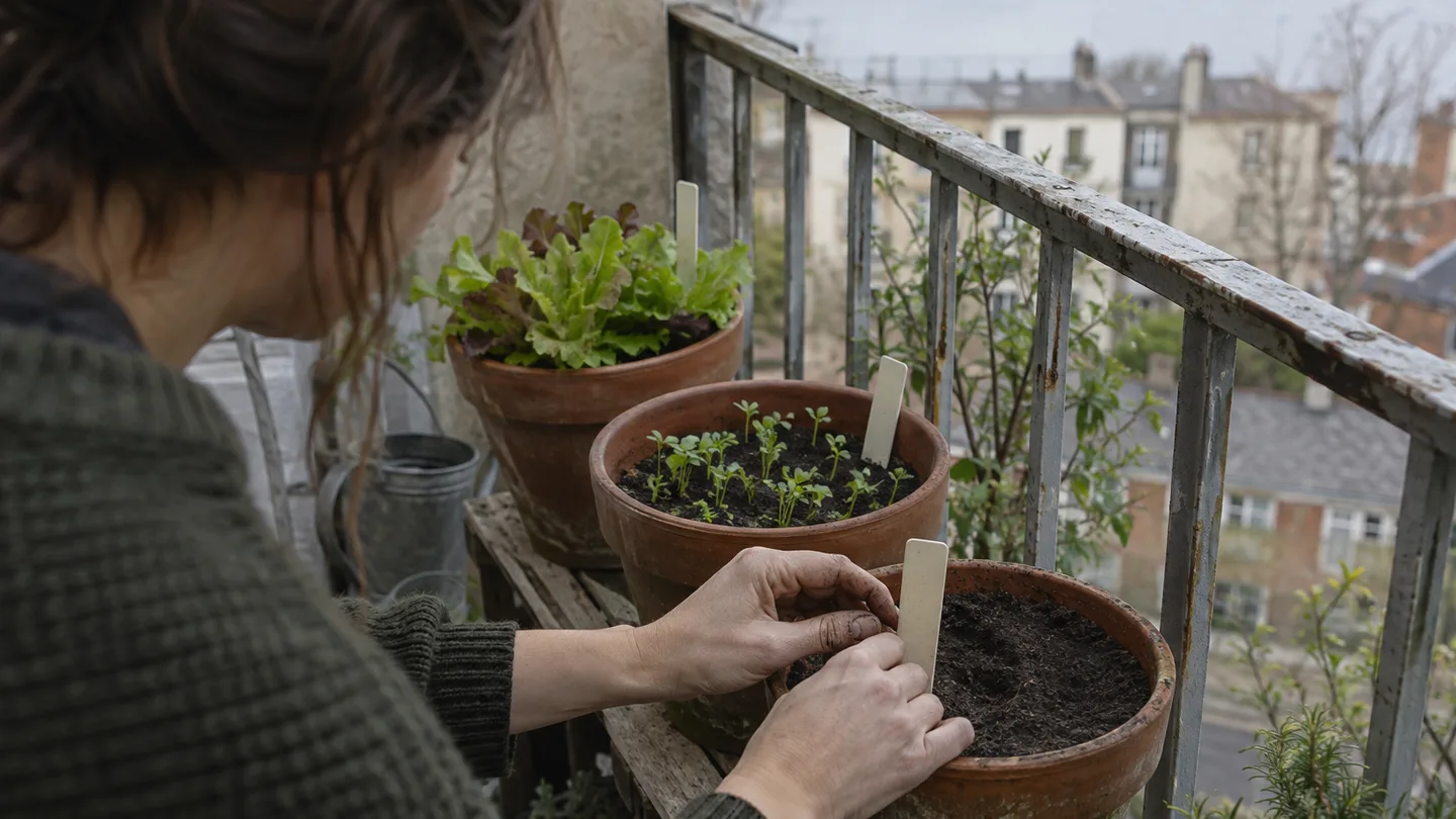 Three balcony pots with simple markers hold salad greens at different growth stages for staggered harvests.
