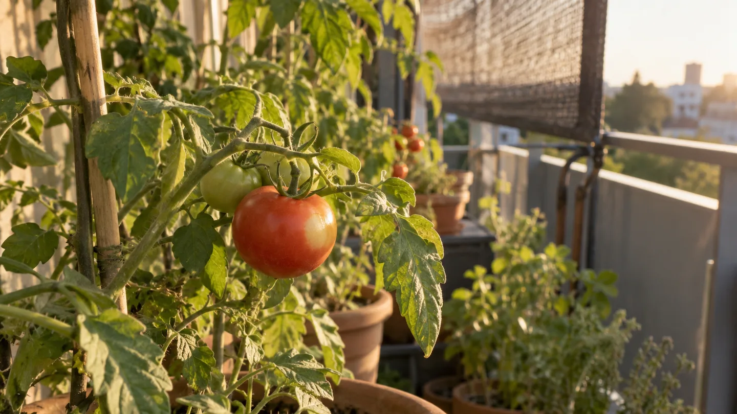 A mostly red tomato has a pale patch on its sun-facing side among balcony leaves.