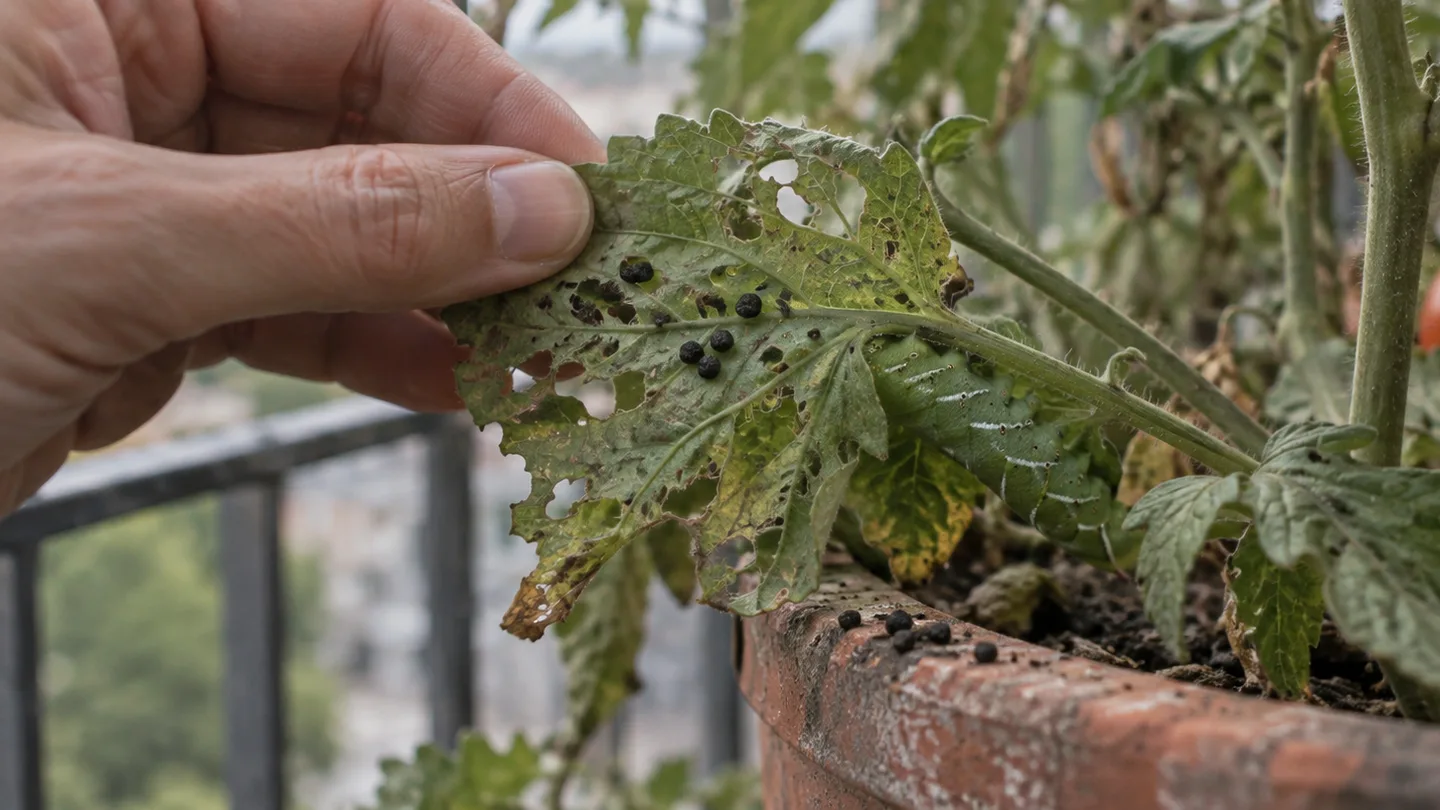 A hand lifts a chewed tomato leaf beside dark droppings, revealing a camouflaged caterpillar underneath.