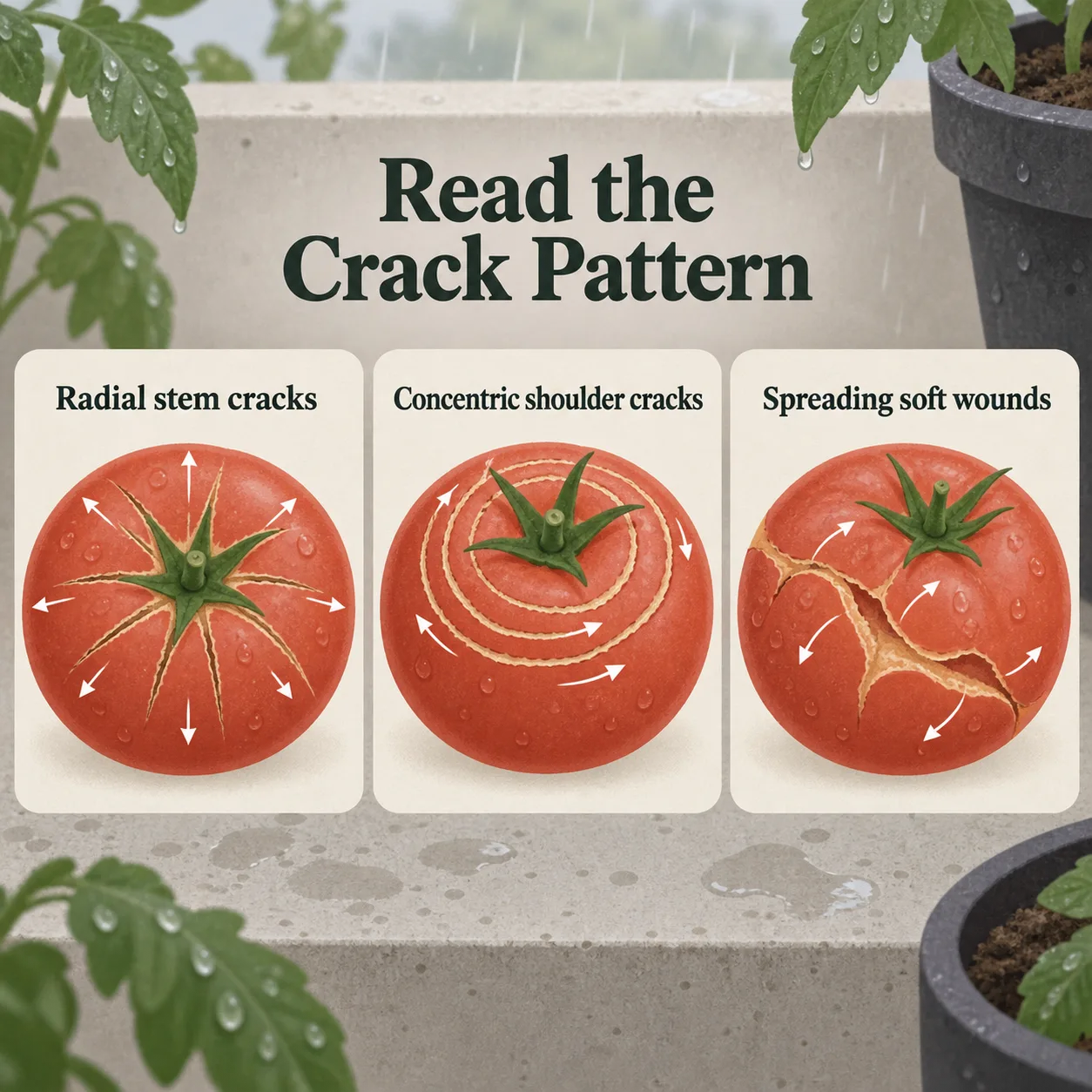 Three labeled tomato diagrams show how crack direction helps diagnose splitting after rain.